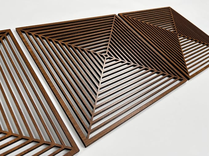 Square Wood Wall Art Triptych, Mid Century Modern Minimalist Wooden Decor, Large Optical Geometric Art Deco Panels, Abstract Home Gift for Living Room and Bedroom