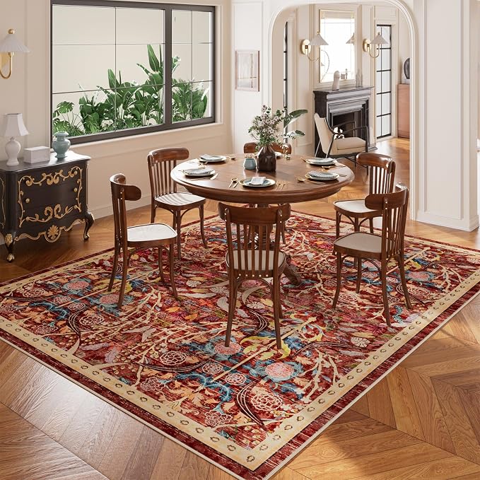 AMTOVO 6x9 Washable Area Rugs for Living Room, Non-Slip Large Soft Boho Floral Vintage Accent Print Carpet for Bedroom Dorm Nursery Room Dining Room Farmhouse Home Office, Red