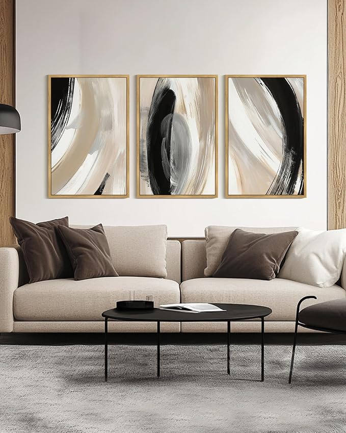 KUVIOKE Black Abstract Framed Wall Art Neutral Minimalist Graffiti Pastel Wall Decor Modern Illustration Art Painting for Bedroom Dining Room 24x36in (Natural Framed)