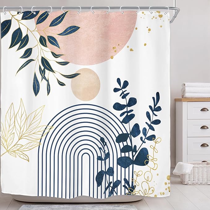 Riyidecor Pink Grey Abstract Boho Modern Mid Century Shower Curtain for Bathroom Decor 72Wx72H Leaves Blue Gold Eucalyptus Plants Blush Art Printed Fabric Polyester Waterproof 12 Pack Plastic Hooks