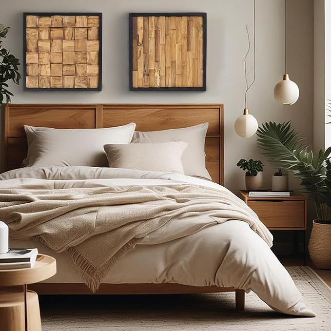 Greenage Teak Wood Wall Decor 16.9"x16.9" Farmhouse Slender Strip Pattern Rustic Natural Wood Wall Art Hanging Decoration Textured Wooden Frame Wall Panel for Home Living Room Bedroom