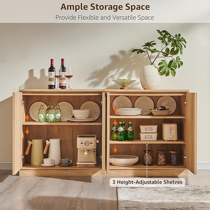 ACCOHOHO Buffet Cabinet with Storage & Arched Doors, 31.5 Inch Wood Sideboard W/Adjustable Shelf, Modern Coffee Bar Tables Accent Cabinets for Living Room,Kitchen or Entryway (Natural Oak, 2 Piece)