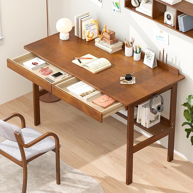 Solid Wood Writing Desk with Drawers, 47" Mid Century Modern Desk, Vintage Home Office Computer Desks and Storage Shelf, Wooden Study Table for Bedroom Small Spaces, Study Makeup Workstation, Walnut