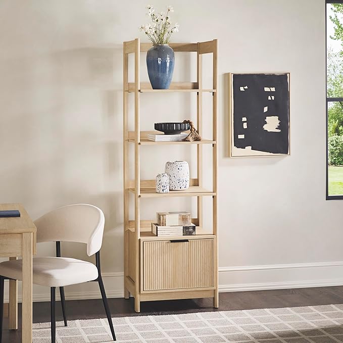 Walker Edison Transitional Reeded Narrow Open Bookshelf with Drawer on Bottom for Home Office, Living Room, Bedroom, 4-Shelf Bookcase with Bottom Storage, 22”W x 16.75”D x 70”H, Coastal Oak