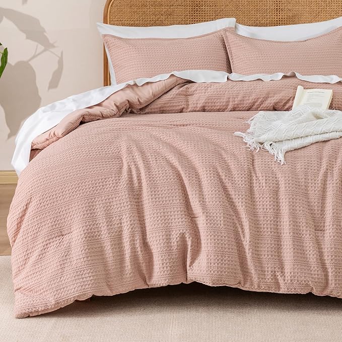 PHF Soft Waffle Comforter Set Twin Size- Comfy Breathable Waffle Weave Comforter with 1 Pillow Shams, 2 Pieces Less Snagging Lightweight Textured Bedding Set for All Season, Rose Pink