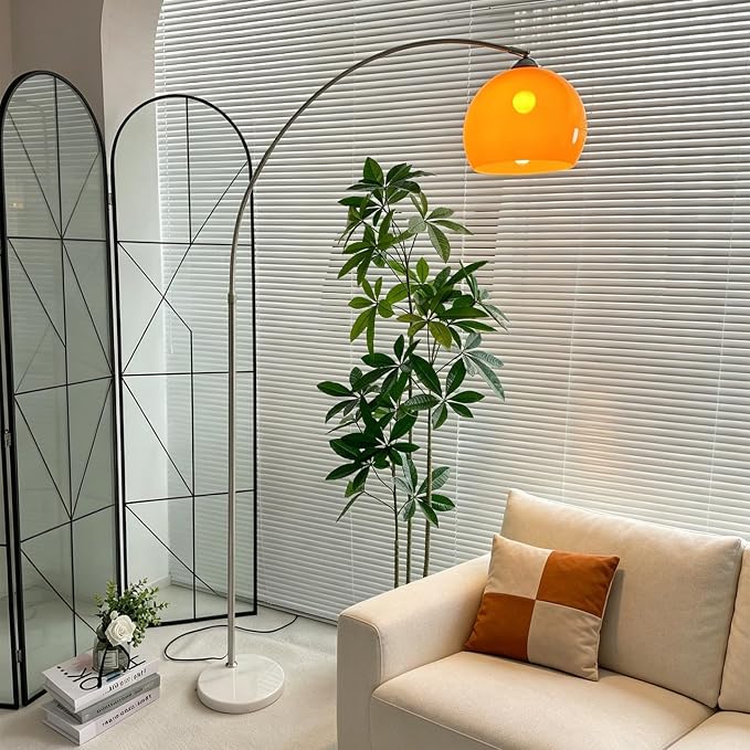 Orange Floor Lamp, Mid Century Modern Standing Lamp with Orange Glass Shade White Marble Base LED Floor Lamp for Living Room Bedroom Office Decor US Plug E27 Bulb Included (Acrylic)