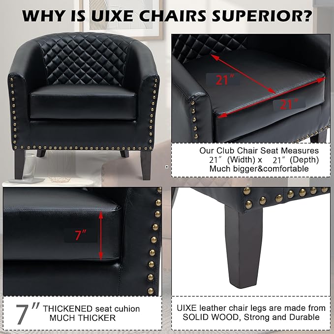 UIXE Faux Leather Barrel Accent Chairs Set of 6, Modern Club Upholstered Arm Chair, Comfy Armchair Nailed Trim Living Room Single Sofa Reading Seat Bedroom Side Sitting for Office, Black