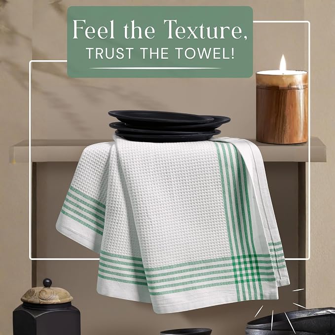 Waffle White & Dark Green Kitchen Towels 12 Pack, 100% Cotton, 16x26 inches, Super Absorbent Tea Towel for Drying Dishes, Quick Drying Kitchen Cloth Set for Daily Cooking, Cleaning