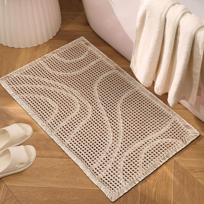 ZALL Waffle Bath Mat Black Super Absorbent Non Slip Bathroom Rug,Rhombus Geometric 24x36inch,Machine Washable Ultra Soft Floor Mats