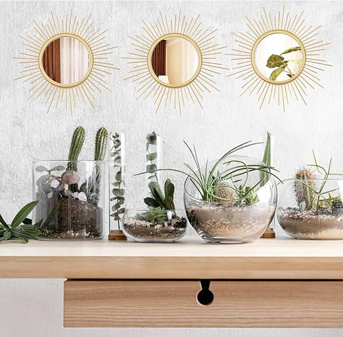 Cityelf 3 Set Gold Sunburst Mirrors for Wall Decorative Metal Mirrors Small Mirror Sets Decor Hanging Mirror Wall Sculpture for Bedroom Living Room Entryway