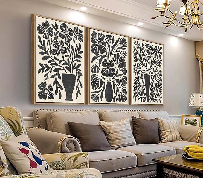arteWOODS Botanical Framed Wall Art - Neutral Abstract Pictures Vintage Boho Floral Wall Decor Black Beige Minimalist Prints Aesthetic Vase Flowers Painting Artwork 16" x 24" Set of 3 Natural Framed