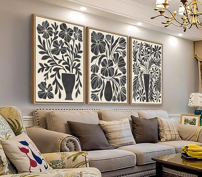 arteWOODS Botanical Framed Wall Art - Neutral Abstract Pictures Vintage Boho Floral Wall Decor Black Beige Minimalist Prints Aesthetic Vase Flowers Painting Artwork 20" x 28" Set of 3 Natural Framed