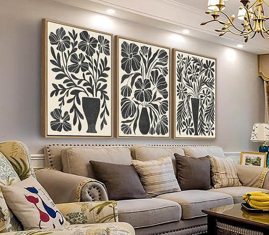 arteWOODS Botanical Framed Wall Art - Neutral Abstract Pictures Vintage Boho Floral Wall Decor Black Beige Minimalist Prints Aesthetic Vase Flowers Painting Artwork 20" x 28" Set of 3 Natural Framed