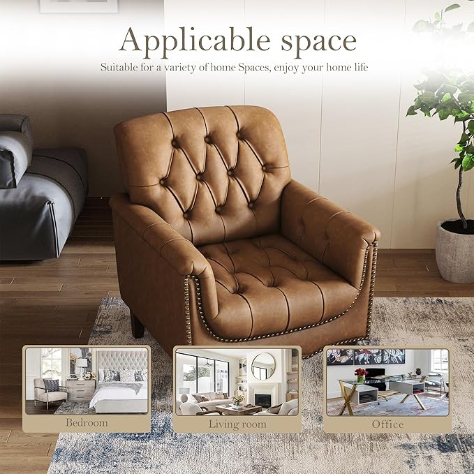 Pia Ricco Modern Tufted Accent Chair, Single Faux Leather Armchair with Nailhead Trim & Wood Legs, Comfortable Upholstered Seat for Living Room, Office - Camel