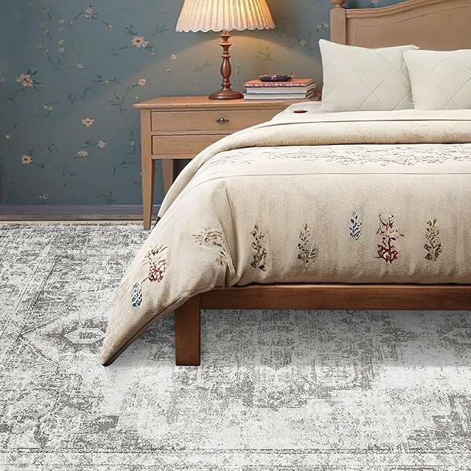 Area Rug 6x9 Vintage Rugs: Washable Indoor Medallion Rug Low Pile Distressed Floor Carpet Retro Accent Rugs for Living Room Bedroom Kitchen Dining Table Home Office(Grey, 6'x9')