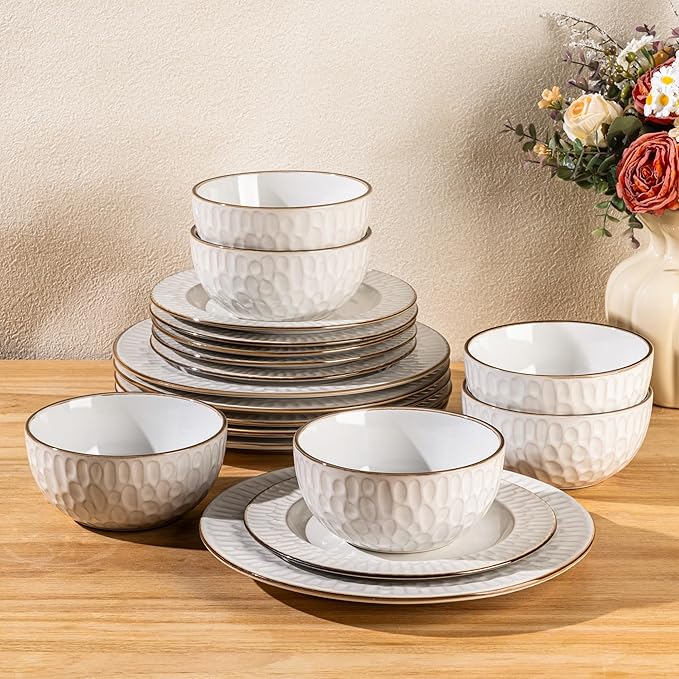 GBHOME Ceramic Dinnerware Sets,18 pcs Embossed Elegant Stoneware Plates and Bowls Sets, Housewarming Wedding Gift | Dishwasher & Microwave Safe | Dishes Set Service for 6