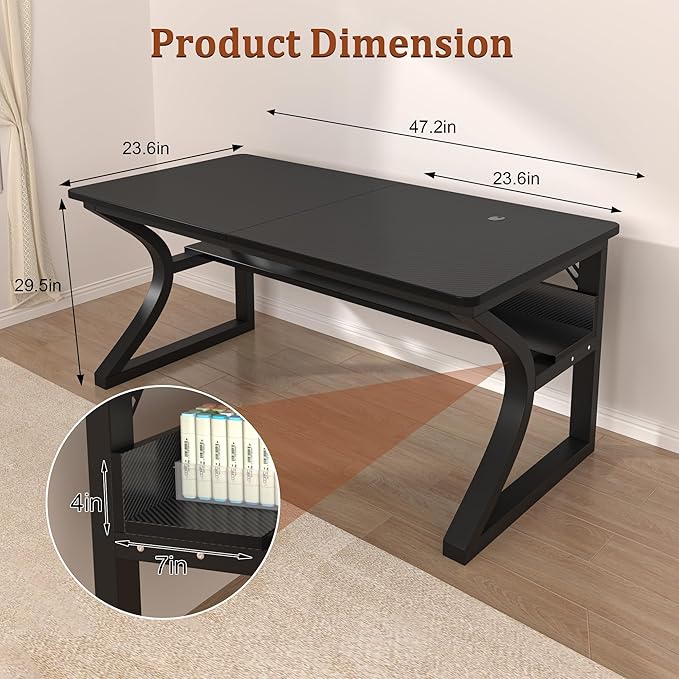 AZN Computer Desk, 47x24 in Computer Desk, Office Desk w/Storage & U-Size Metal Frame for Home Office Bedroom Gaming, Office Desk w/Water-Resistant, Scratchproof Surface, Carbon Fiber Black
