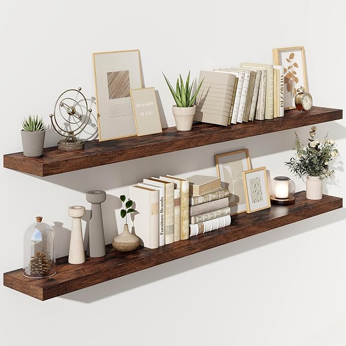 Fun Memories 72 Inch Floating Shelves for Wall, Fireplace Mantel Shelf with Invisible Heavy Duty Bracket, 8 Inch Deep Storage Shelf for Living Room, Kitchen, Farmhouse, Brown (2-Pack)