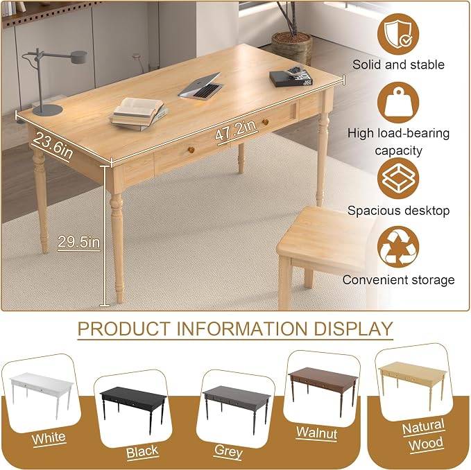 Solid Wood French Country Desk,Writing Desk with Storage Drawers,Farmhouse Computer Table Makeup Table Modern Simple Style,for Home Office Living Room Study Workspace Bedroom (Wood, 47.2IN)