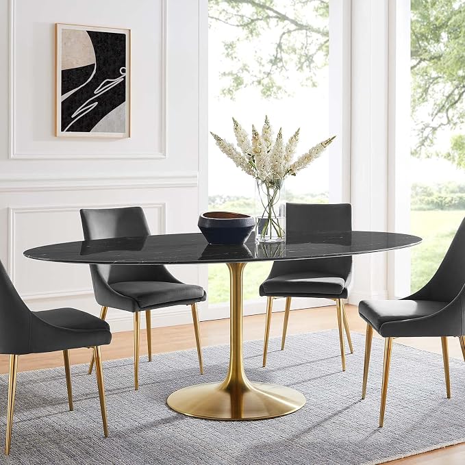 Modway Lippa Oval 78" Mid-Century Modern Artificial Marble Dining Table in Gold Black