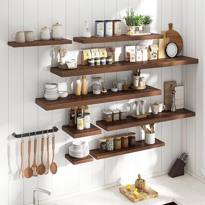 Floating Shelves for Wall with Invisible Brackets, Wall Mounted Engineered Wood Shelves with Wood Grain for Living Room, Bedroom, Bathroom, Kitchen Decor and Storage, Oak, 48"L Set of 2, Walnut