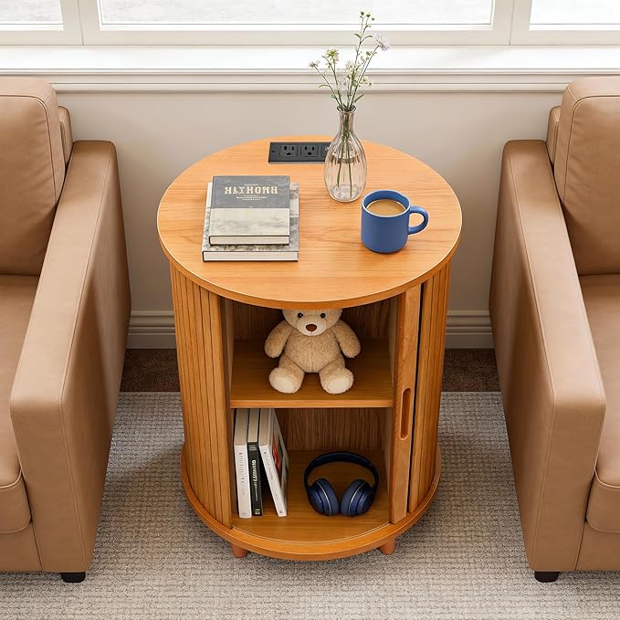 DHH End Table Set of 2 with Storage & Charging Station, Fluted Accent Side Table with Sliding Door & Adjustable Shelf, Mid-Century Nightstand for Small Spaces, Living Room, Bedroom(2, Yellow Walnut)