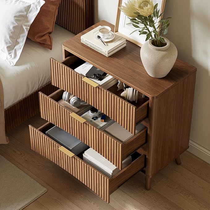 Evermagin 31.5" W Oversized Fluted Nightstand, Mid Century Modern 3 Drawer Night Stand, Small Wood Dresser for Bedroom, Large Bedside Table with Storage, Walnut