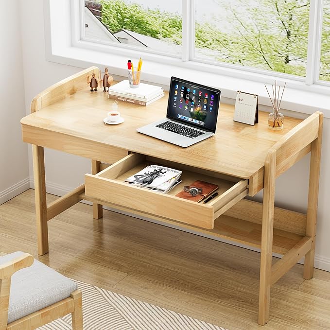 100% Solid Wood Desk with Drawers - 40 Inch Mid Century Modern Desk, Vintage Desks with Shelf, Adjustable Height Writing Computer Desks - Natural Oak