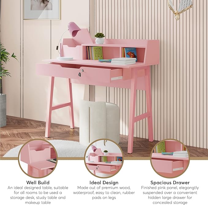 Modern Design Roma Small Desk for Bedroom, 40 inch Pink Writing Desk with Hutch and Locking Drawer, by Crafts and Comfort