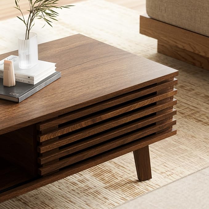 Mid Century Modern Coffee Table, Wood Coffee Table with Storage, Farmhouse Table for Living Room, Apartment, Walnut