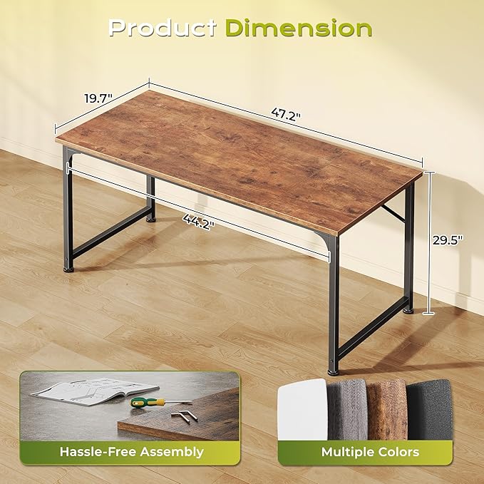 PRAISUN 47 Inch Computer Desk, Home Office Desk with Spacious Desktop, Modern Gaming Desk, Writing Study Table for Bedroom, Small Spaces, Work from Home Desk with Metal Frame, Rusitc Brown