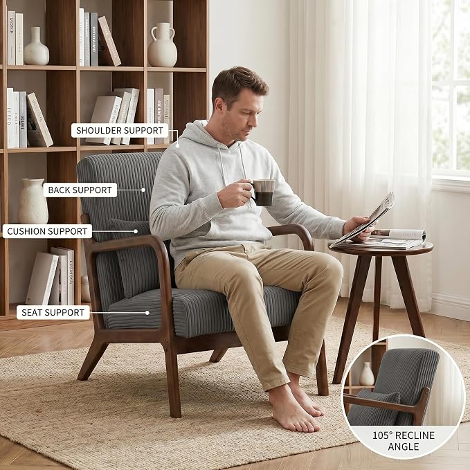 Mid Century Modern Accent Chair with Side Table, Upholstered Corduroy Armchair with Lumbar Pillow, Solid Rubberwood Frame for Living Room, Bedroom, Reading Nook, Dary Grey/Walnut