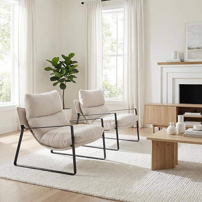 LukeAlon Modern Linen Accent Armchair, Upholstered Soft Living Room Chair with Metal Base Removable Thickened Cushion Single Sofa Chair Comfy Lounge Chair for Bedroom Living Room, White