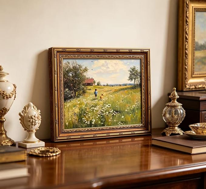 Vintage Gold Framed Wall Art Dog and Boy Landscape Painting Canvas Prints Retro Country Farmhouse Prints Artwork Rustic Wildflower Meadow Wall Decor for Kids Bedroom Living Room Decor12x16in