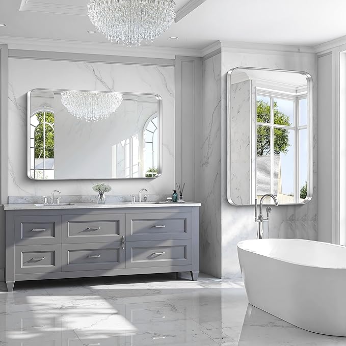 CIRCUMI Silver Bathroom Mirror, 36"x55" Rectangular Mirror with Deep Metal Frame, Rounded Corner, Tempered Glass, Large Mirror for Wall, Over 2 Sinks, Installed Vertically/Horizontally, Crystal-Clear