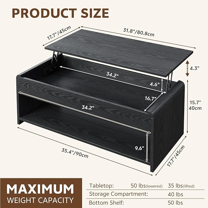 Lift Top Coffee Table, 35'' Multi-Function Coffee Table with Hidden Compartment & Open Shelf, Curved Profile Design, Converts to Home Office Table, Dining Table for Living Room, Black