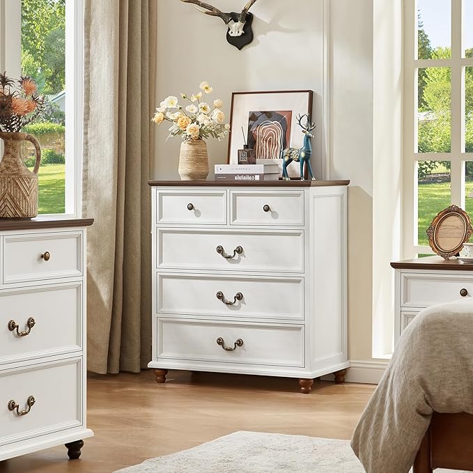 Farmhouse 5 Drawer Dresser Set of 2 for Bedroom, 35" Tall Rustic Chests of Drawers w/ 4 Solid Wood Feet, Mid Century Vintage Wooden Closet Storage Dressers Organizer for Living Room, White