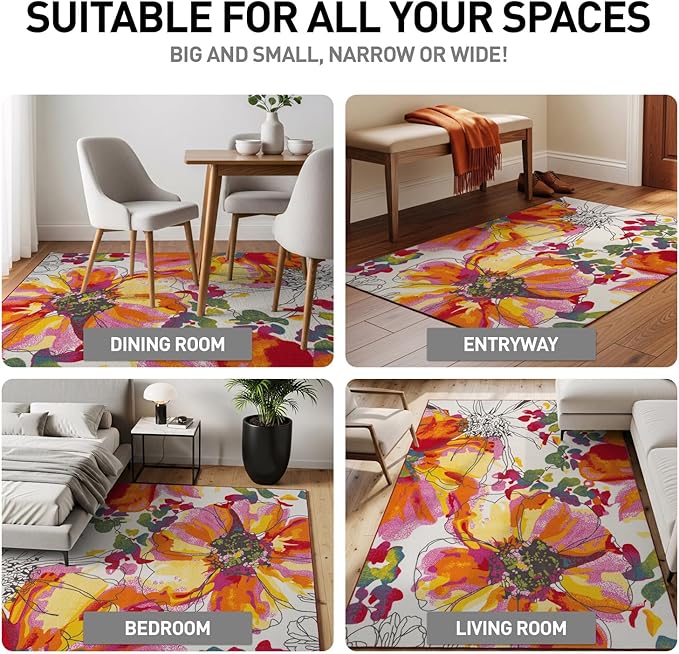 Rugshop Multi Bright Flowers Non Slip Non-Shedding Square Area Rug for Dining Room, Living Room and Bedroom, 6'6" x 6'6"