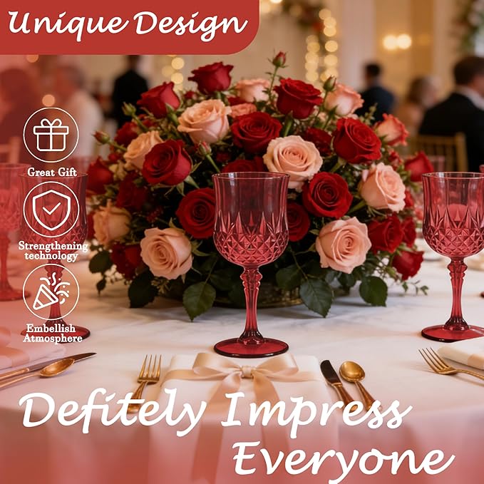 Plastic Wine Glasses, Plastic Goblets Vintage Style Cordial Drinking Glasses for Valentine’s Day, Wedding Reception, Grand Event Party Supplies (12, Scarlet Rose)
