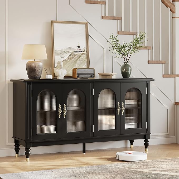 iPormis Fluted Arched Buffet Cabinet Set of 2, 59" Modern Sideboard with Glass Door & Adjustable Shelves, Mid Century Modern Solid Wood Credenza Accent Cabinet for Living Room, Entryway, Black