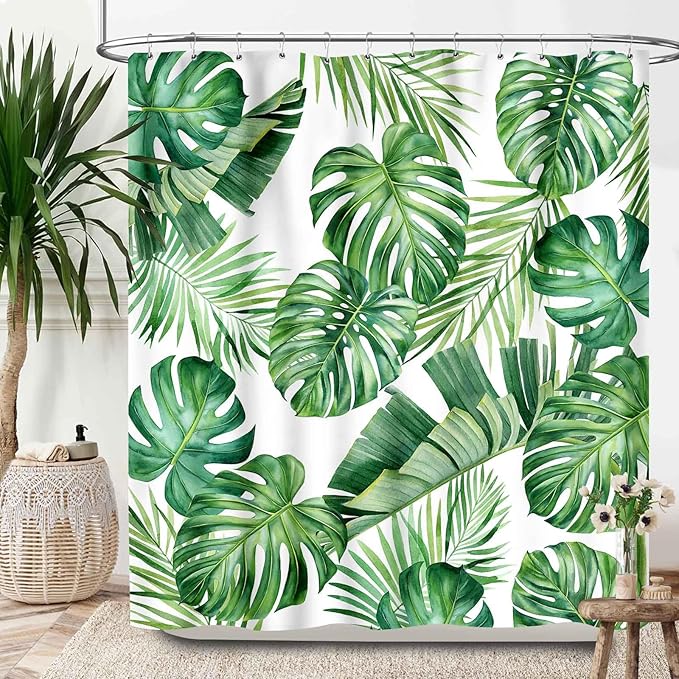 Tropical Leaves Shower Curtain,Mid Century Green Palm Banana Leaf Plant Botanical Shower Curtains for Bathroom Waterproof Polyester Fabric Bathroom Curtain,72x78Inch