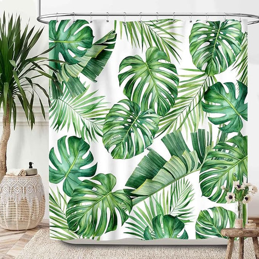 Tropical Leaves Shower Curtain,Mid Century Green Palm Banana Leaf Plant Botanical Shower Curtains for Bathroom Waterproof Polyester Fabric Bathroom Curtain,72x78Inch