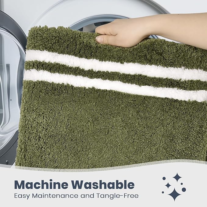 PURRUGS Bathroom Rug Non-Slip Machine Washable 20" x 24" U-Shaped, Super Absorbent and Quick Dry Shaggy Microfiber Bath Mat, Extra Soft and Plush Contour Rug for Toilet Base, Olive Green