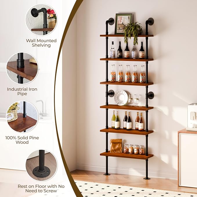 Pipe Industrial Shelves, Wall Mounted Wood Metal Ladder Rustic Bookshelf (Walnut Color, 6 Tier - 10" D x 30" W x 82.5" H)