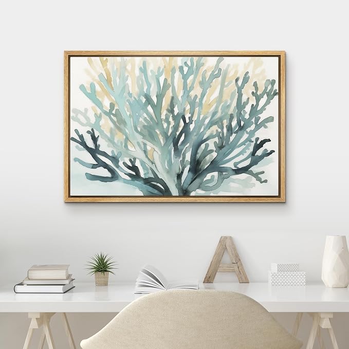 MUDECOR Framed Canvas Print Wall Art Modern Watercolor Coral Branch Abstract Illustrations Minimalism Decorative Bohemian Colorful Zen for Living Room, Bedroom, Office - 16"x24" NATURAL
