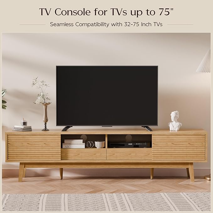 TOLEAD 70" TV Console, Mid Century Modern Media Console for 55/65/75 Inch TV, Low Profile TV Stand with Fluted Sliding Doors, Boho Light Wood Credenza for Living Room, Oak