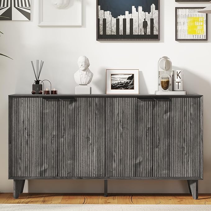 Fluted Cabinet with Storage, Buffet Storage with 4 Doors, Buffet Sideboard Accent Cabinet with Adjustable Shelves for Living Room, Kitchen, Entry, Hallway, Black&Grey