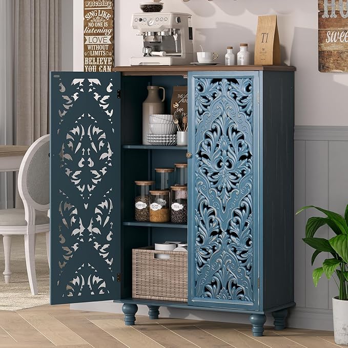 JOINICE 47" Tall Accent Cabinet with Doors and Shelves, Storage Cabinet with Solid Wood Legs for Living Room,Entryway,Dining Room,Bedroom(Blue & Walnut)
