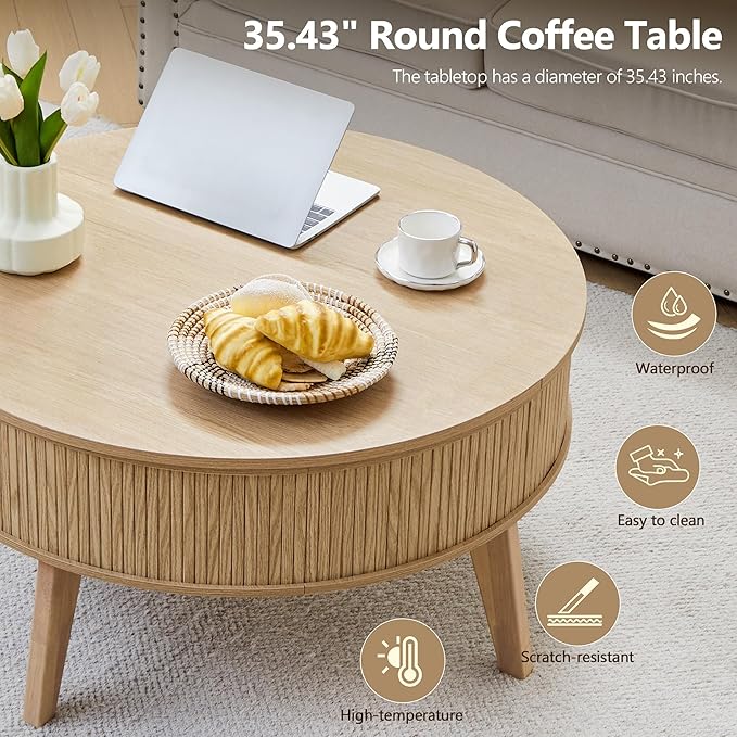 Round Lift Top Coffee Table with Storage, 35.4'' Fluted Wood Center Table Mid Century Modern Coffee Table with Lifting Top for Living Room, Office, Small Space (Natural)