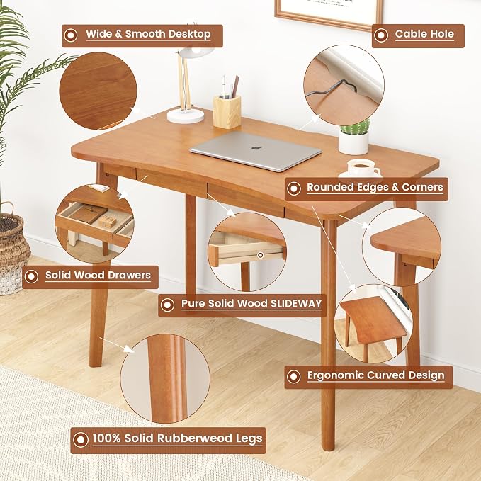 100% Solid Wood Desk with Drawers - 40 x 24 Inch Home Office Computer Desks, Modern Writing Desk with Drawers, Simple Study Table Makeup Vanity - Walnut Vintage Desks